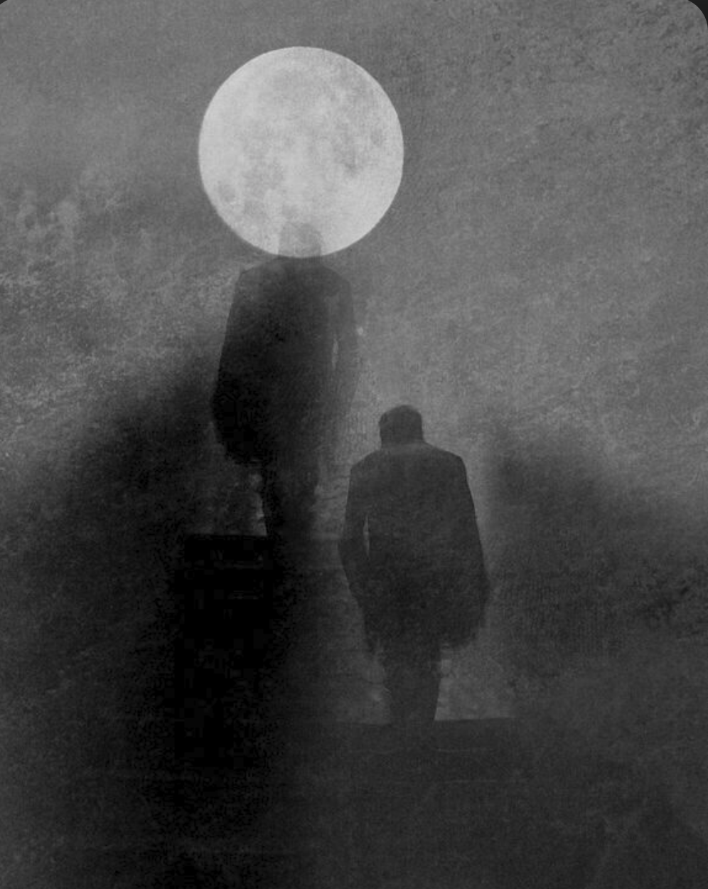 a blurry figure walking upwards towards another faint figure in a black and white landscape with a moon. A creative interpretation of exploration that happens during therapy