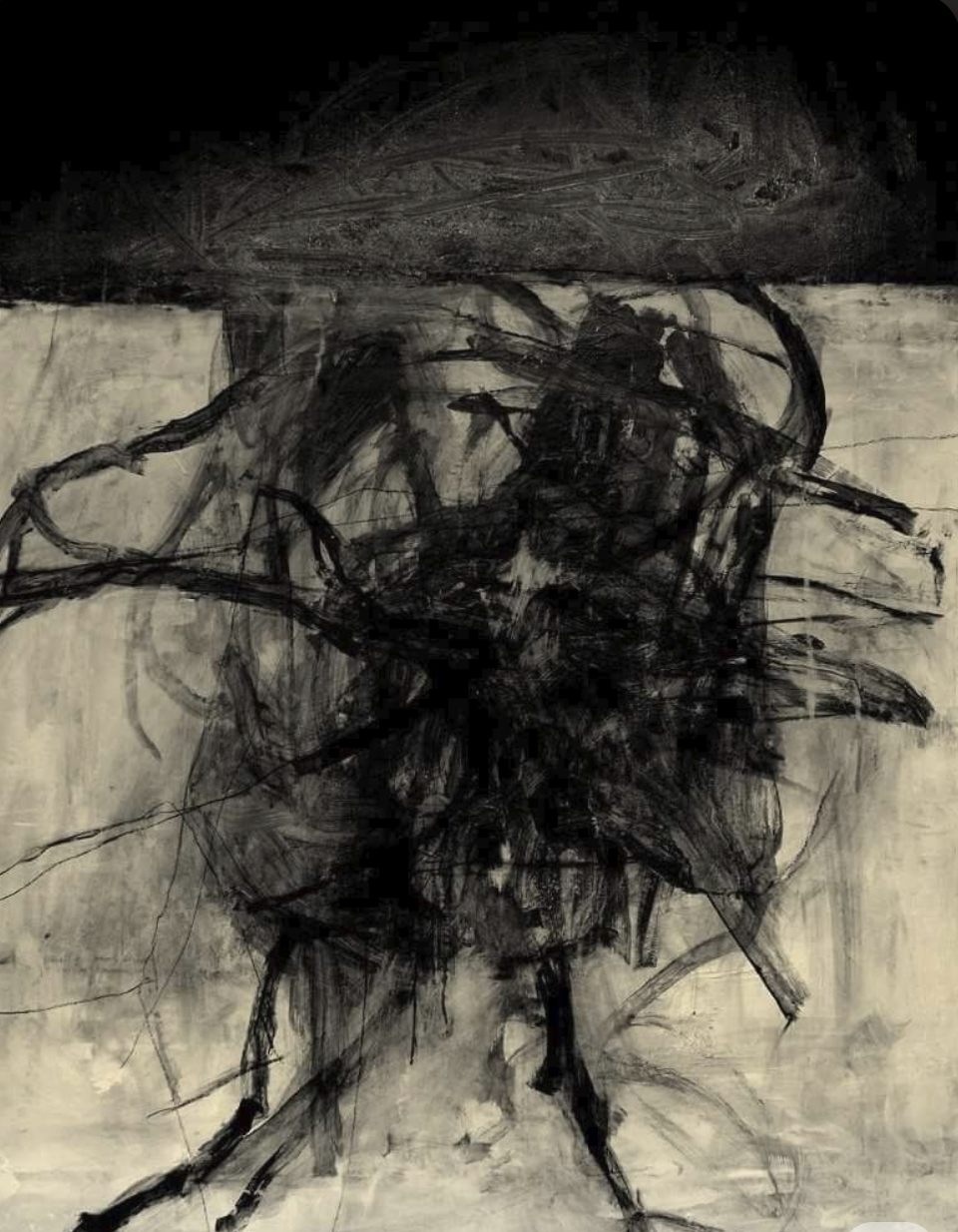 Abstract black and white painting with chaotic, expressive brushstrokes. A creative interpretation of art therapy utilized during psychotherapy.