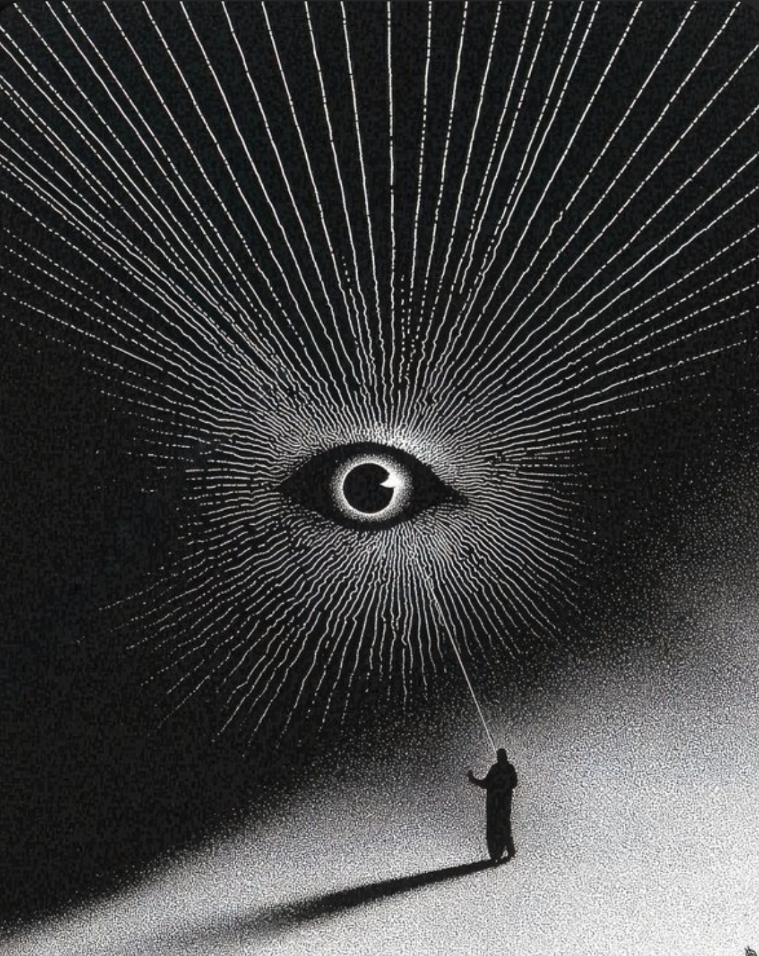 a black and white graphic image of an eye center frame with white lines extending from the eye to edge of the page and a person standing on the ground beneath the eye. A creative interpretation for the word intuition.