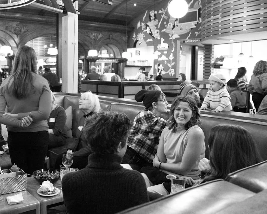 Black and white photo of a holiday party