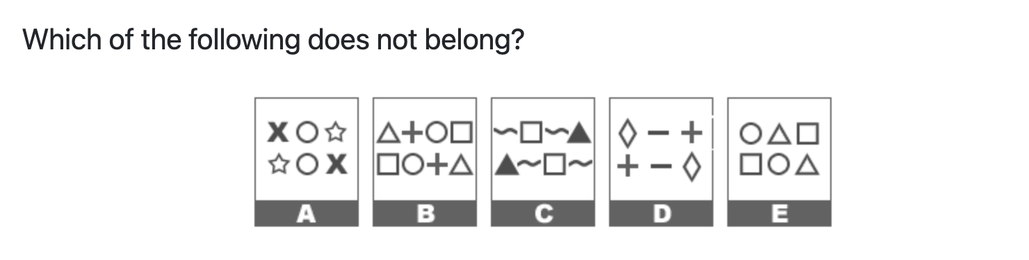 An image of a question asking, "Which of the following does not belong" with pictures of different icons.