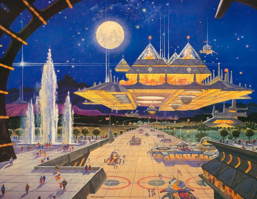 Futuristic cityscape with a large floating structure, fountains, and people walking on a plaza under a starry sky.