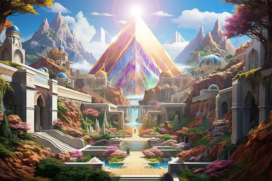 Fantasy landscape with a luminous pyramid, surrounded by ancient buildings and vibrant gardens set in a mountainous terrain under a bright sky.