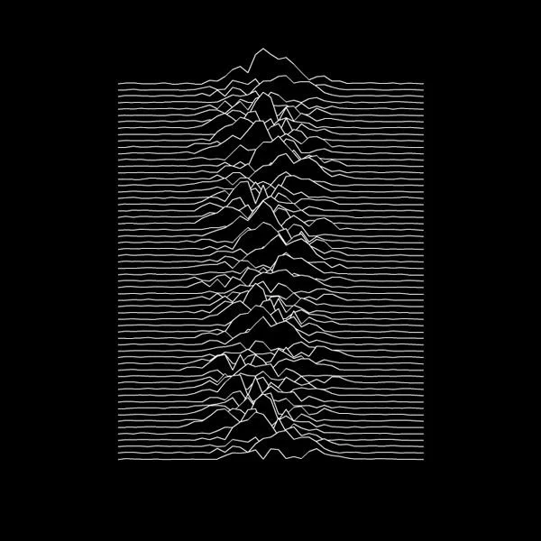 Abstract black and white art featuring a series of horizontal lines with a central, symmetrical mountain-like pattern.