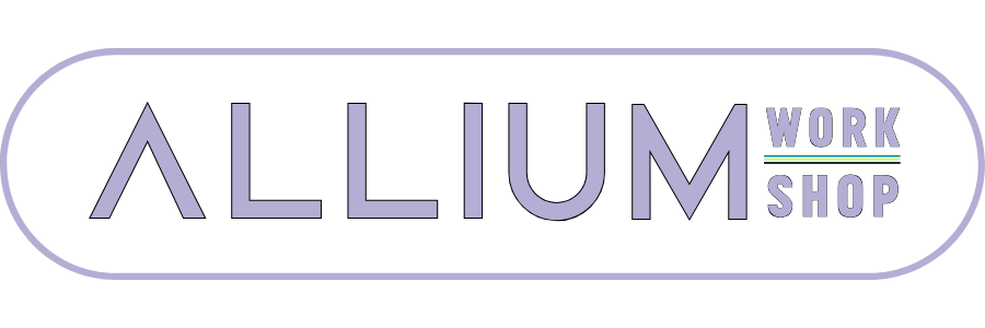 Logo for Allium Work Shop with purple text on a black background, featuring the words 'ALLIUM' and 'WORK SHOP' separated by green and blue lines.