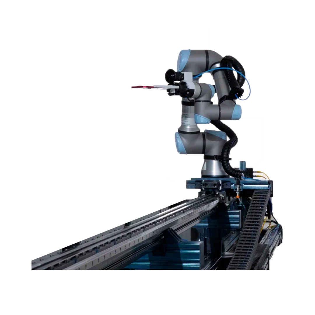 Industrial robotic arm on a track, used for automation in manufacturing or laboratory settings.