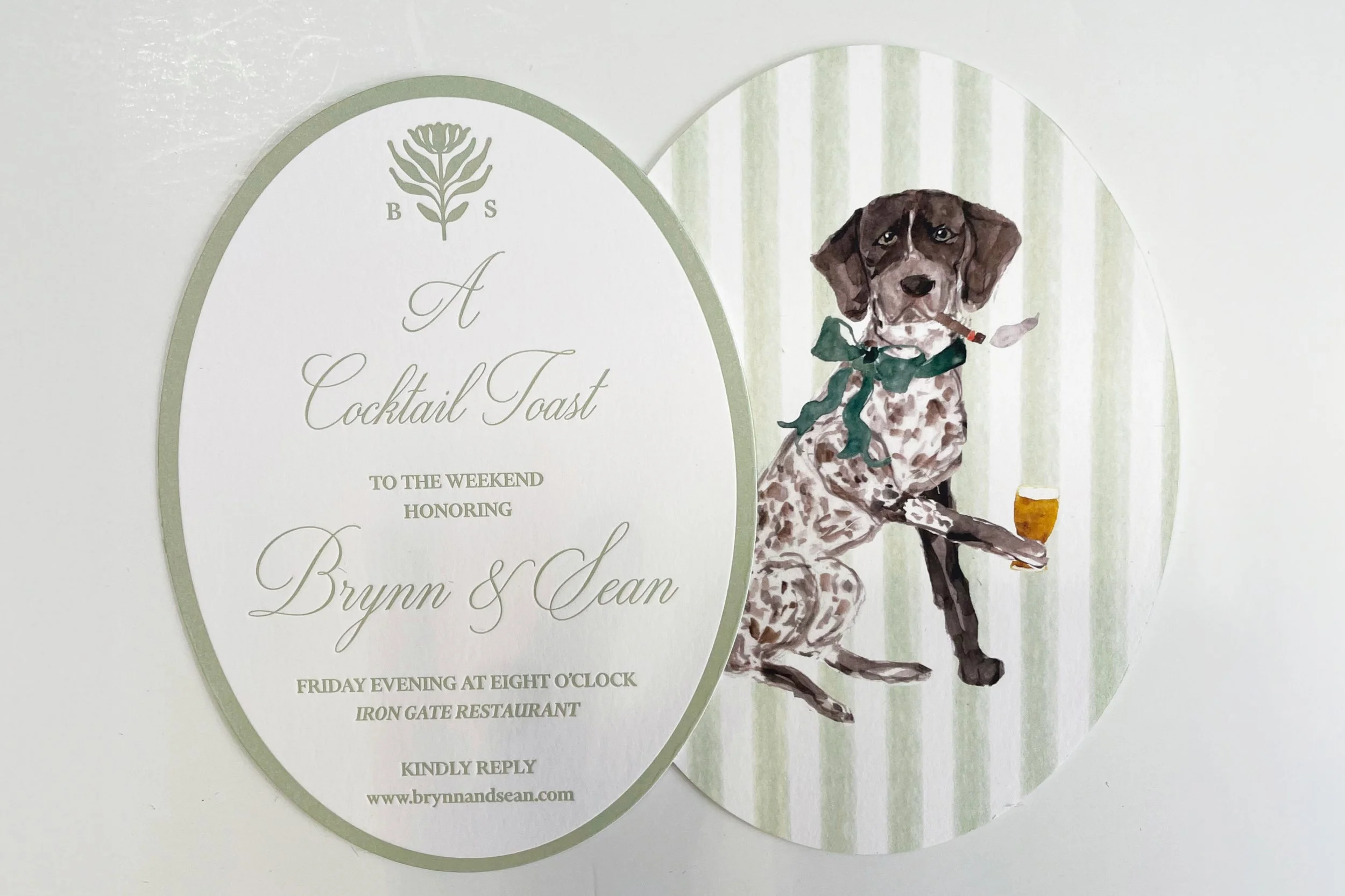Wedding invitation with a dog illustration, featuring a dog holding a beer and wearing a green bow tie, with a green and white striped background.