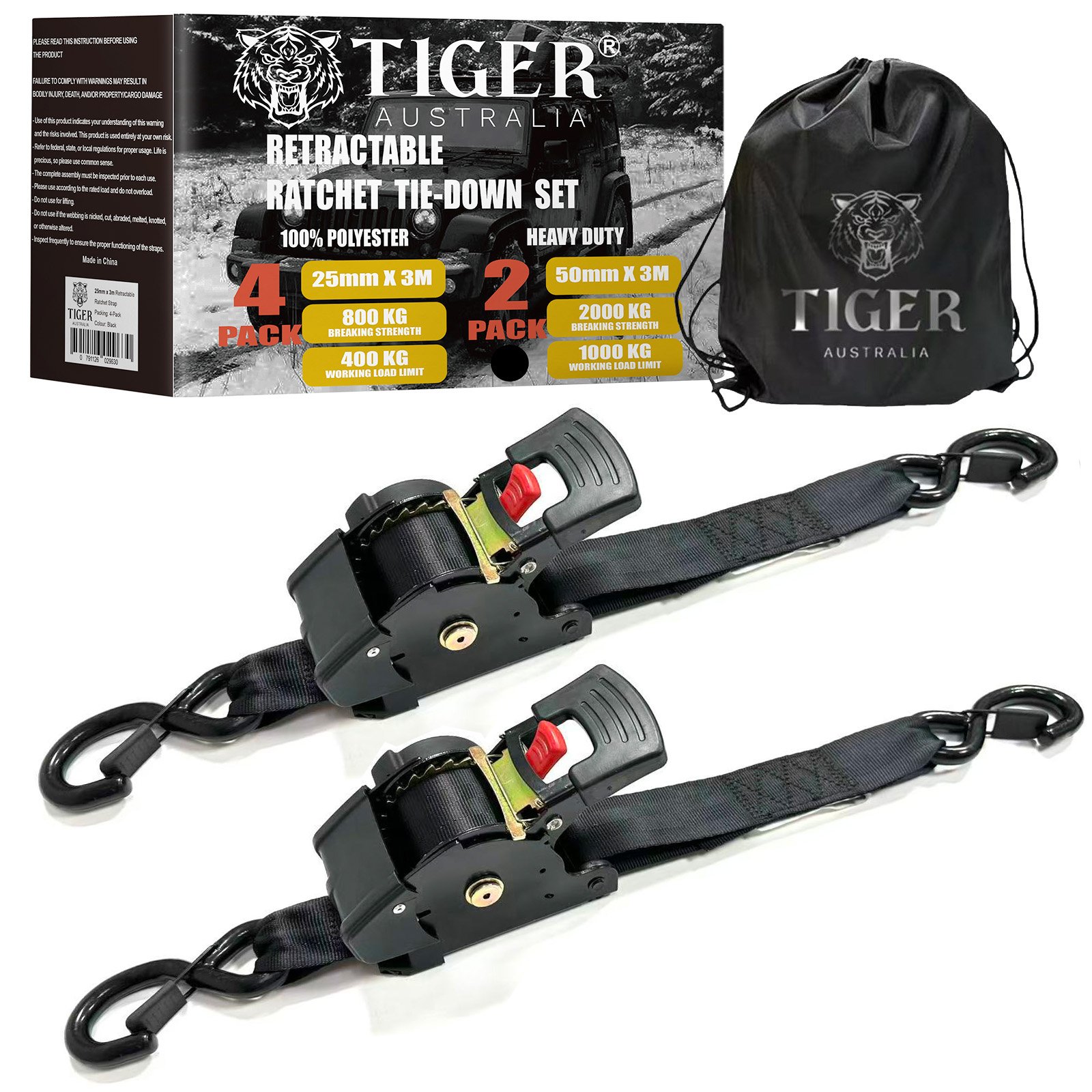 50mm x 3m Heavy Duty Auto Retractable Ratchet Straps 2-Pack – Upgraded Stainless Steel Spring Design