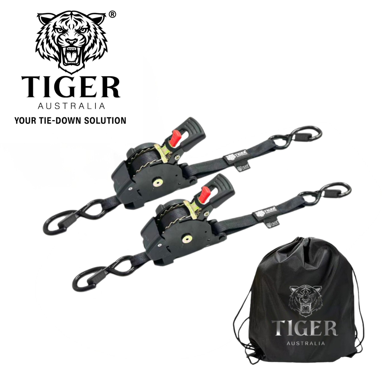 Two black dog harnesses with adjustable straps and metal hooks, and a black drawstring bag with the Tiger Australia logo featuring a tiger's face and the text "TIGER AUSTRALIA".