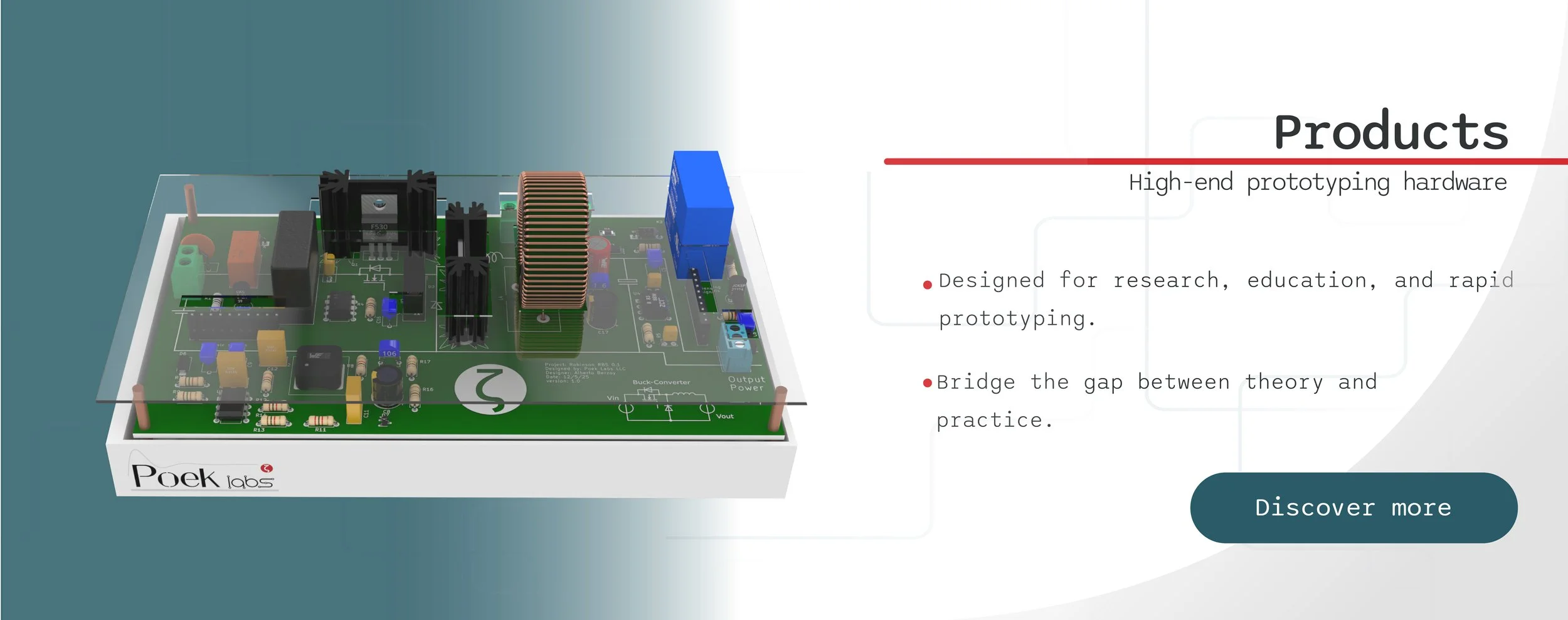 A high-end prototyping hardware device with a green circuit board, black and copper components, blue connectors, and several electronic elements, displayed under a shield. The right side contains text about the product, including its purpose for research, education, and rapid prototyping, and a "Discover more" button.