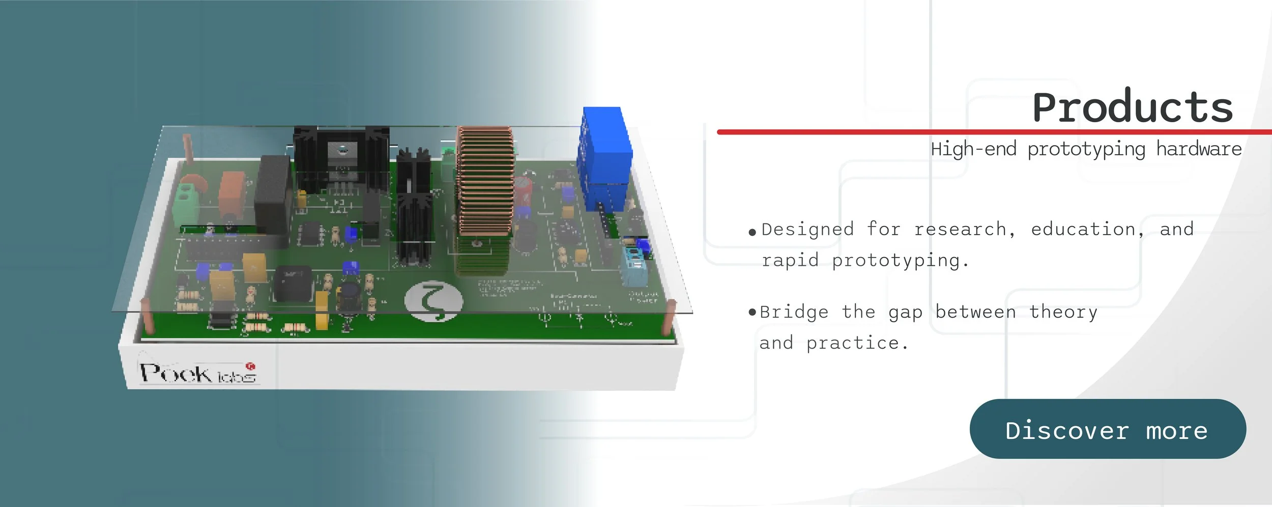 Image of a green circuit board with electronic components, mounted inside a white box labeled 'Pocket'. The right side of the image displays text that describes the product as high-end prototyping hardware designed for research, education, and rapid prototyping, aiming to bridge the gap between theory and practice.