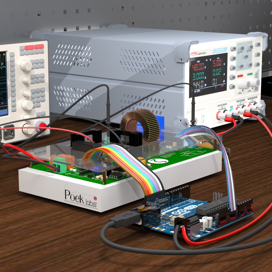 An electronics lab setup with a microcontroller connected to a breadboard, a cooling fan, and powered by a power supply. There's an oscilloscope displaying signals in the background.
