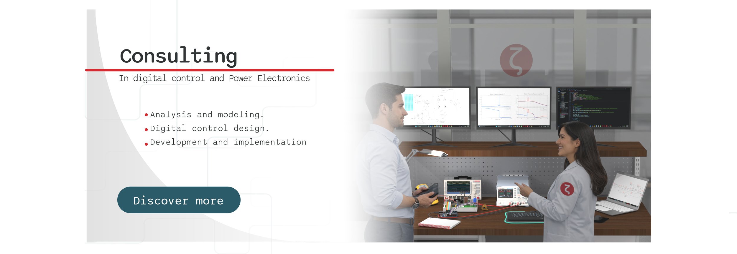 A presentation slide on consulting in digital control and power electronics, with two people working on electronic testing equipment and computer monitors displaying graphs and code in a modern lab setting.