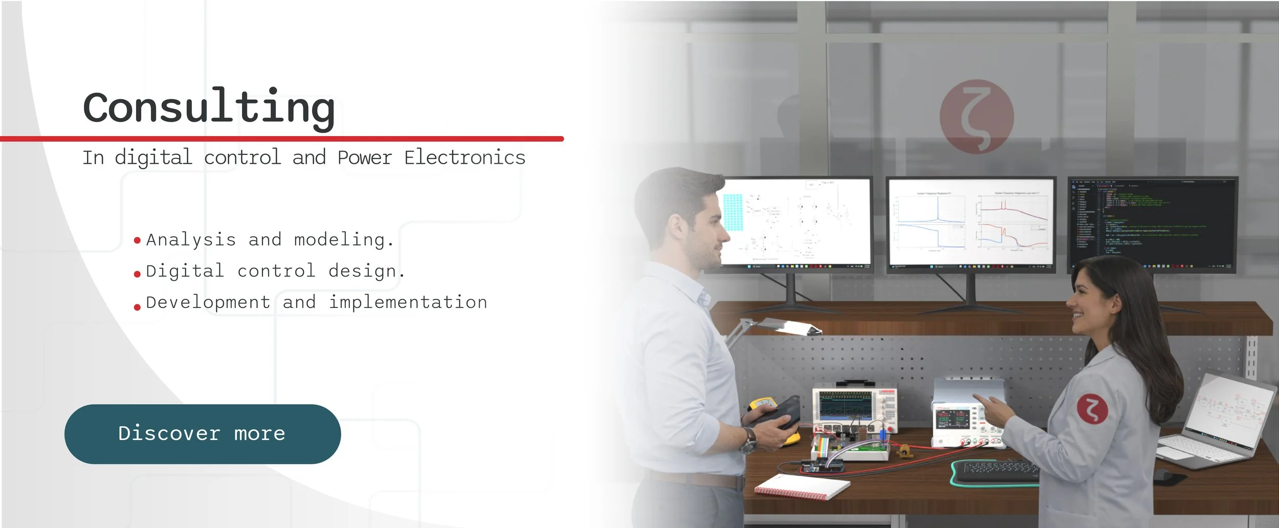 Two scientists working in a laboratory with three computer monitors on the wall displaying graphs and data, a laptop, and electronic equipment on the table, discussing digital control and power electronics research.
