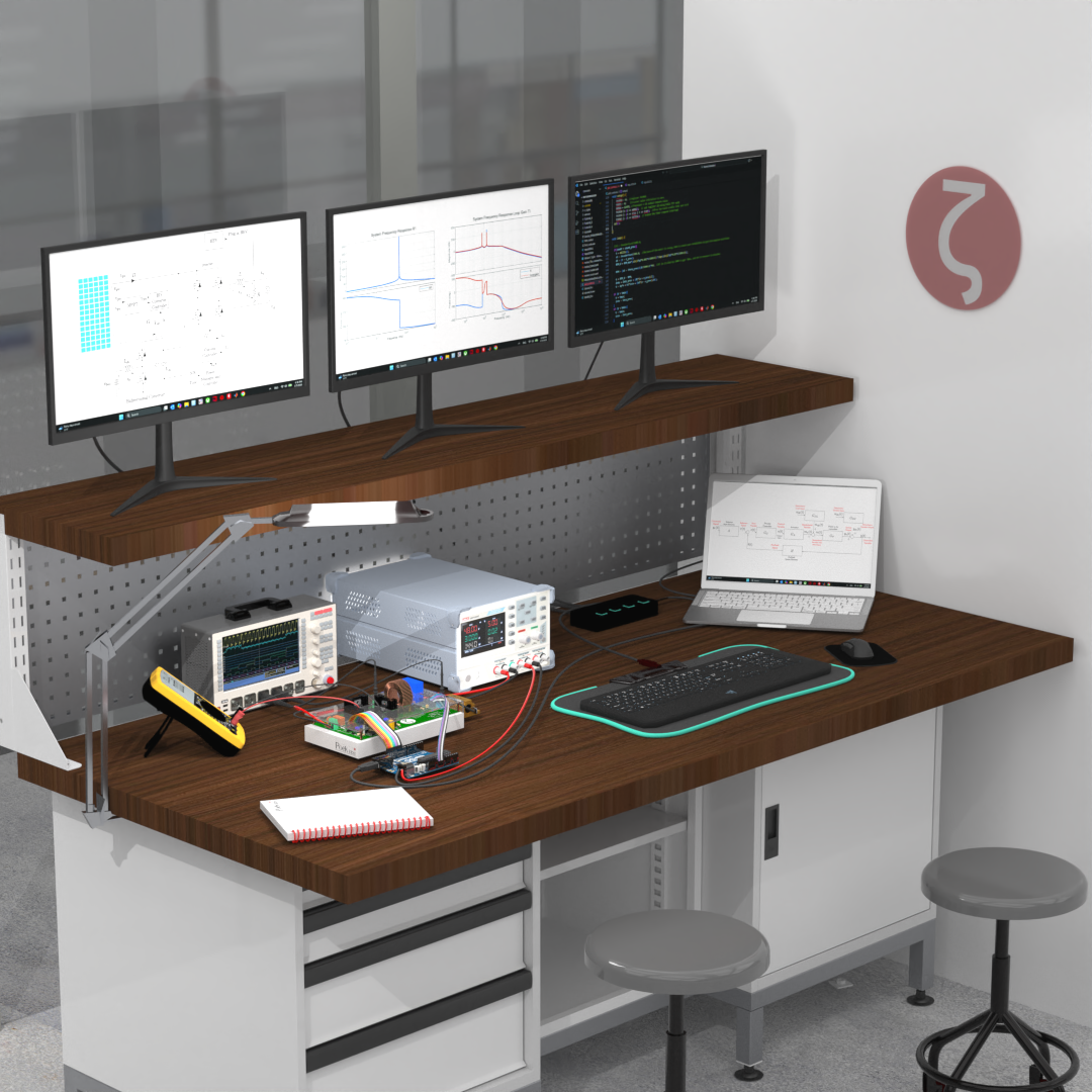 Electronics and computer equipment on a workbench with three monitors displaying scientific data, a laptop showing a flowchart, and various testing devices connected by wires in a laboratory or technical workspace.