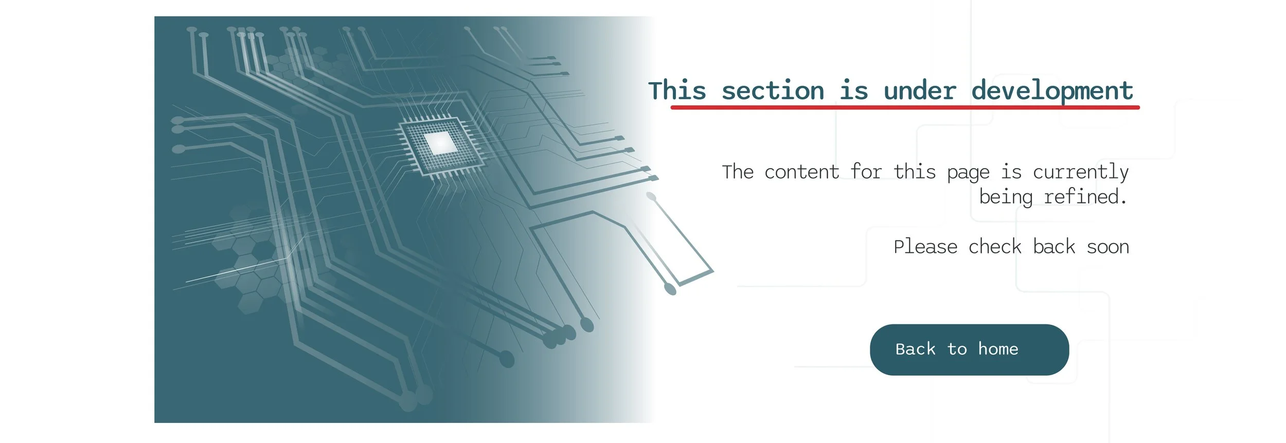 A digital illustration of a microchip with circuit lines on a blue background, next to a message stating 'This section is under development' and a button labeled 'Back to home'.