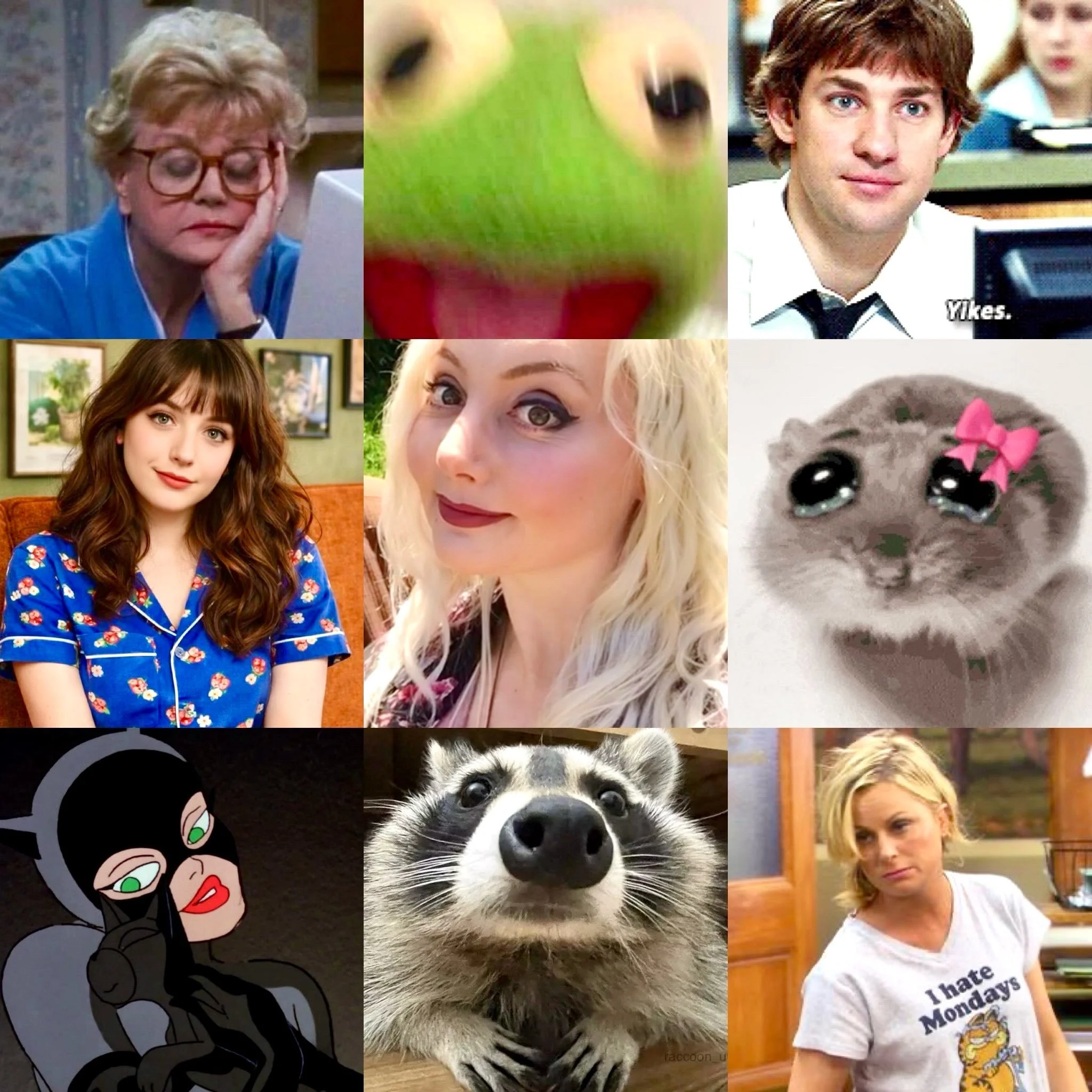 Get to know me in 9 photos: Mo 

Top left: Jessica Fletcher from Murder, She Wrote, burning the midnight oil writing &mdash; extremely on brand.

Top middle: unhinged Kermit. No explanation needed.

Top right: Jim Halpert breaking the fourth wall bec