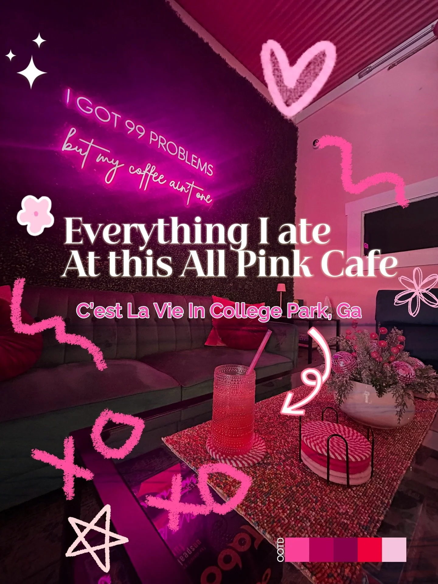 Looking for a pink cafe in College Park, GA? C&rsquo;est La Vie is a must-visit! This work-friendly spot is located right on Main Street, making it easy to find.
Here&rsquo;s what I ordered today:
 * Strawberry rose lemonade
 * Oat milk latte with st