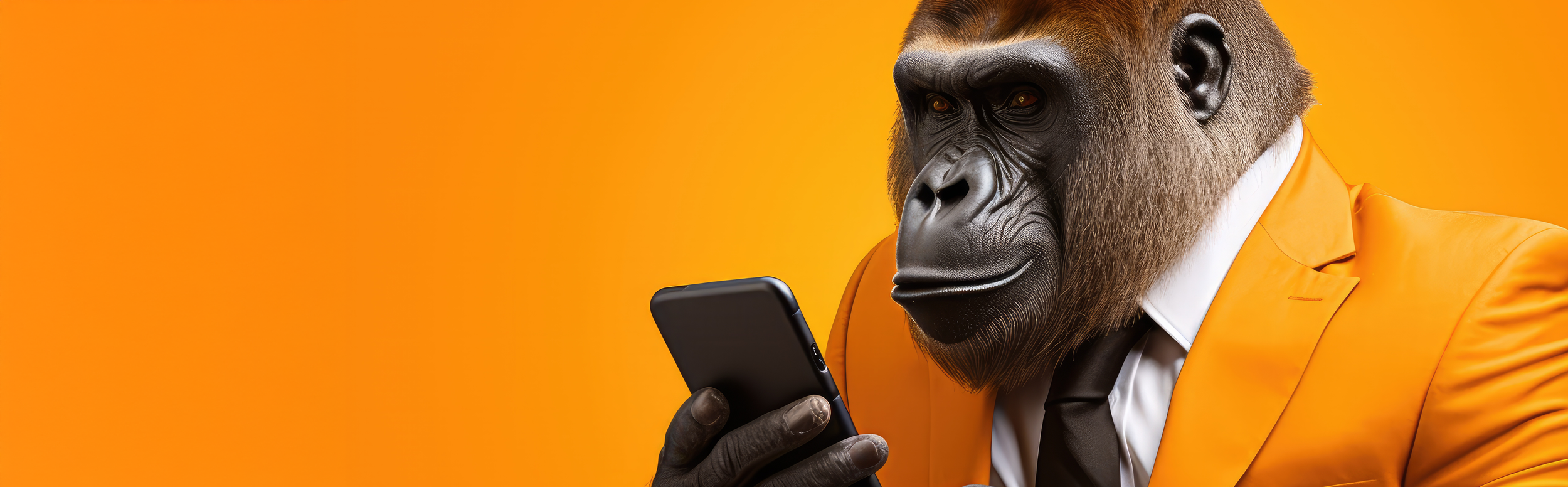 Gorilla Shout mascot in an orange suit looking at a smartphone, representing a website visibility check and SEO + AI search.