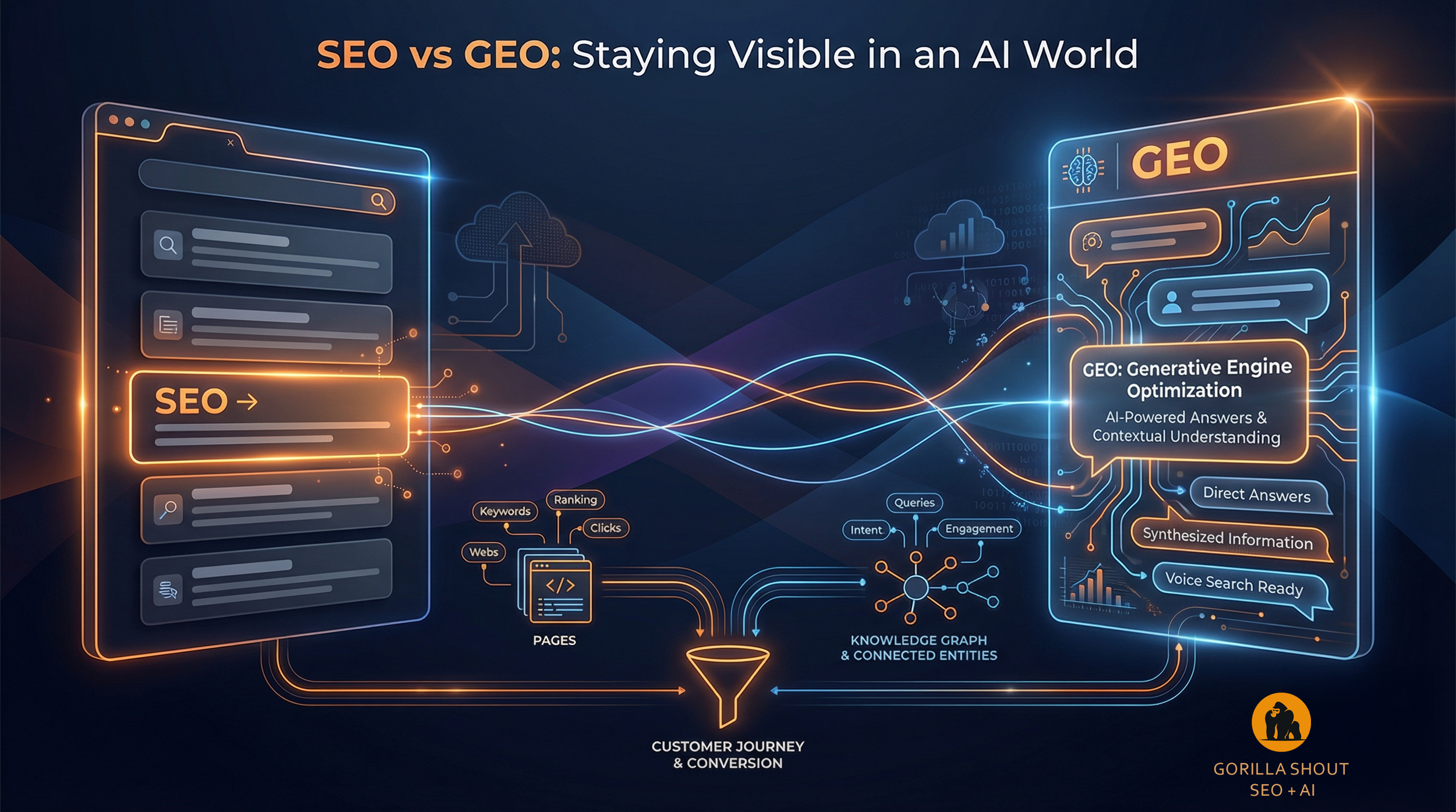 Diagram showing traditional SEO search results on the left and GEO AI-generated answers on the right, both feeding into customer journeys and conversions.