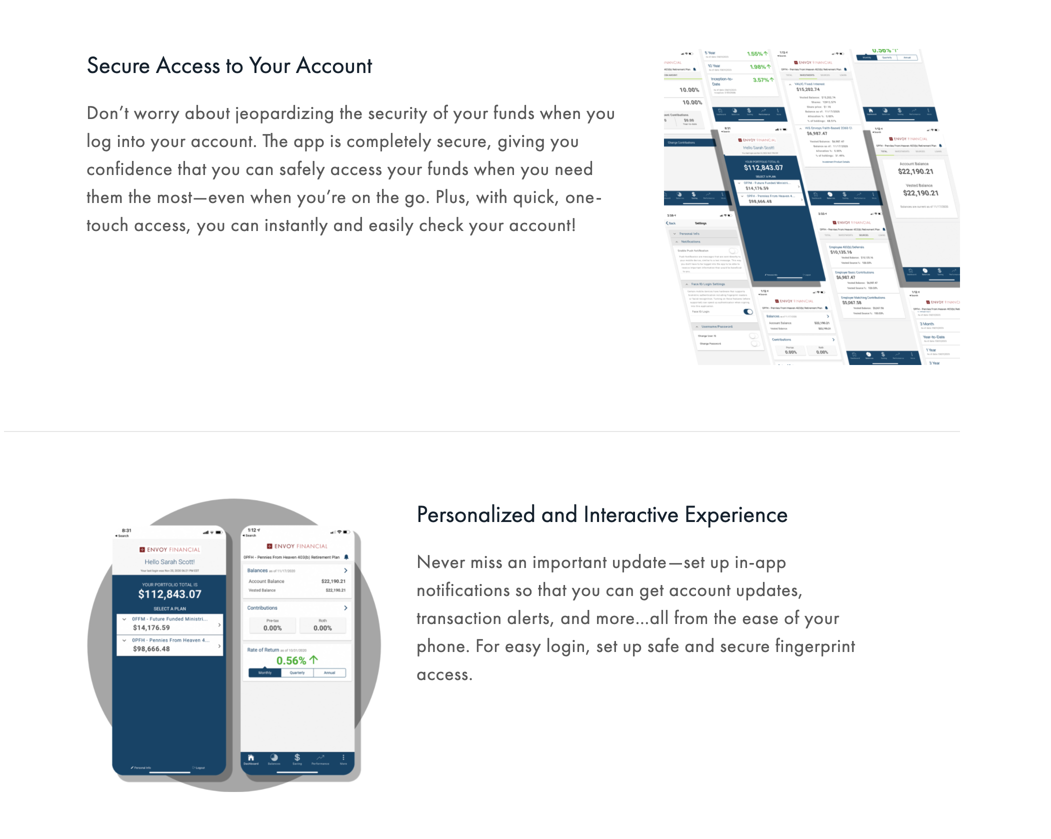 A financial app interface on a smartphone showing account balance, transaction details, and customizable alerts, emphasizing security and personalized user experience.