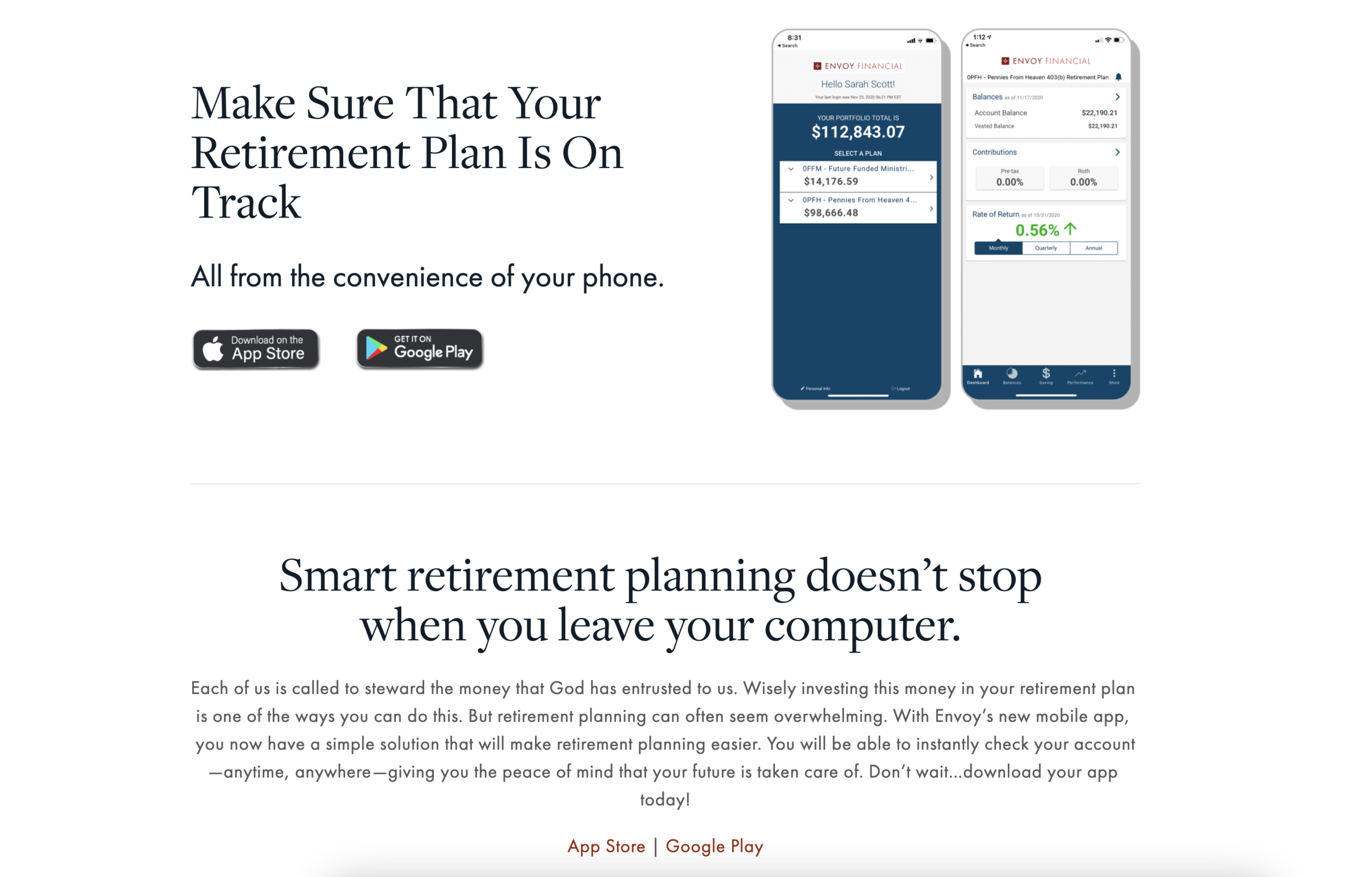 An advertisement for Envoy Financial promoting a mobile app for retirement planning. The page shows text encouraging users to make sure their retirement plans are on track, with download buttons for the App Store and Google Play. Two smartphone screens display the app interface with account balances, contributions, and rate of return.