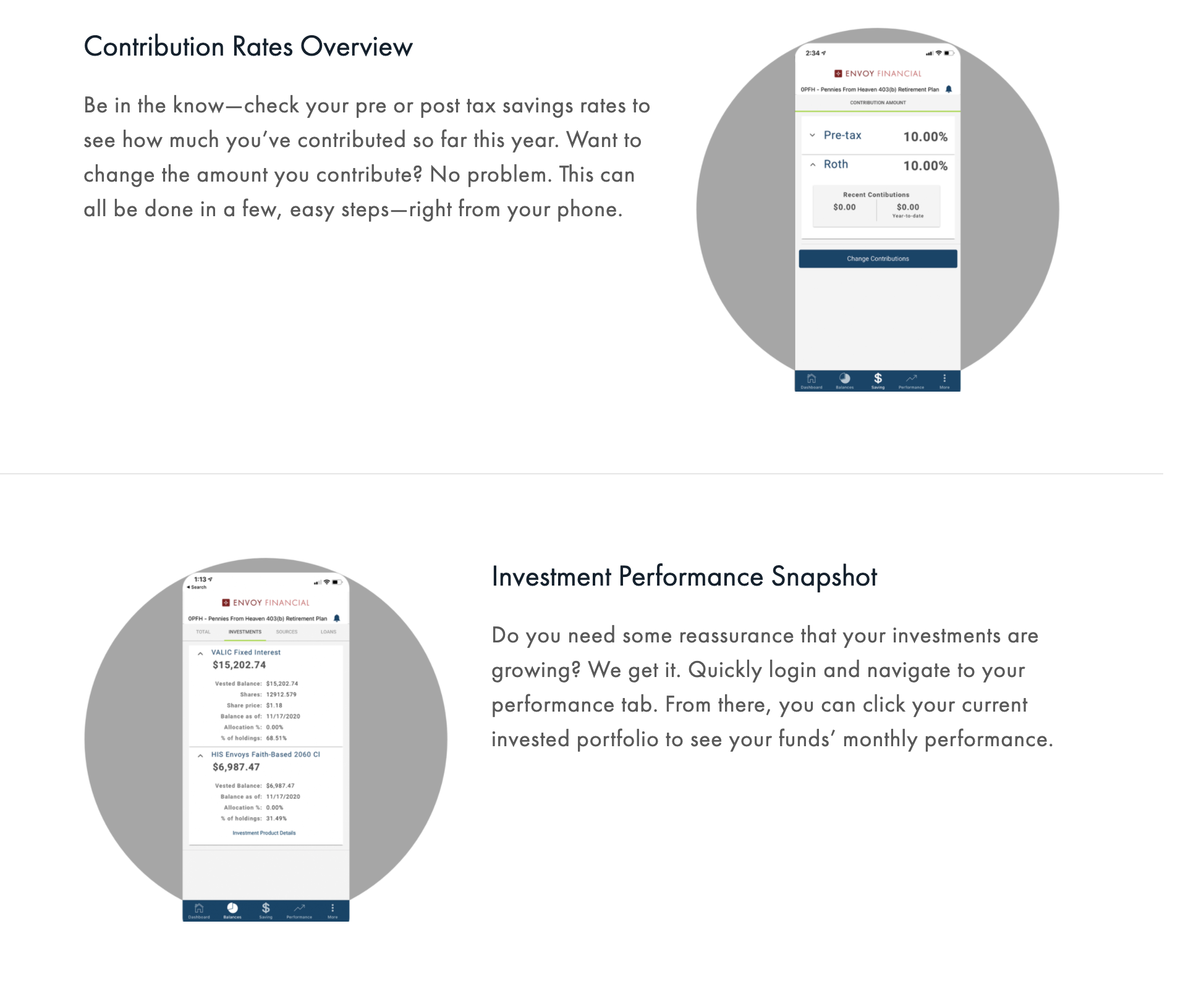 Screenshots of financial mobile app dashboards showing contribution rates and investment performance data.