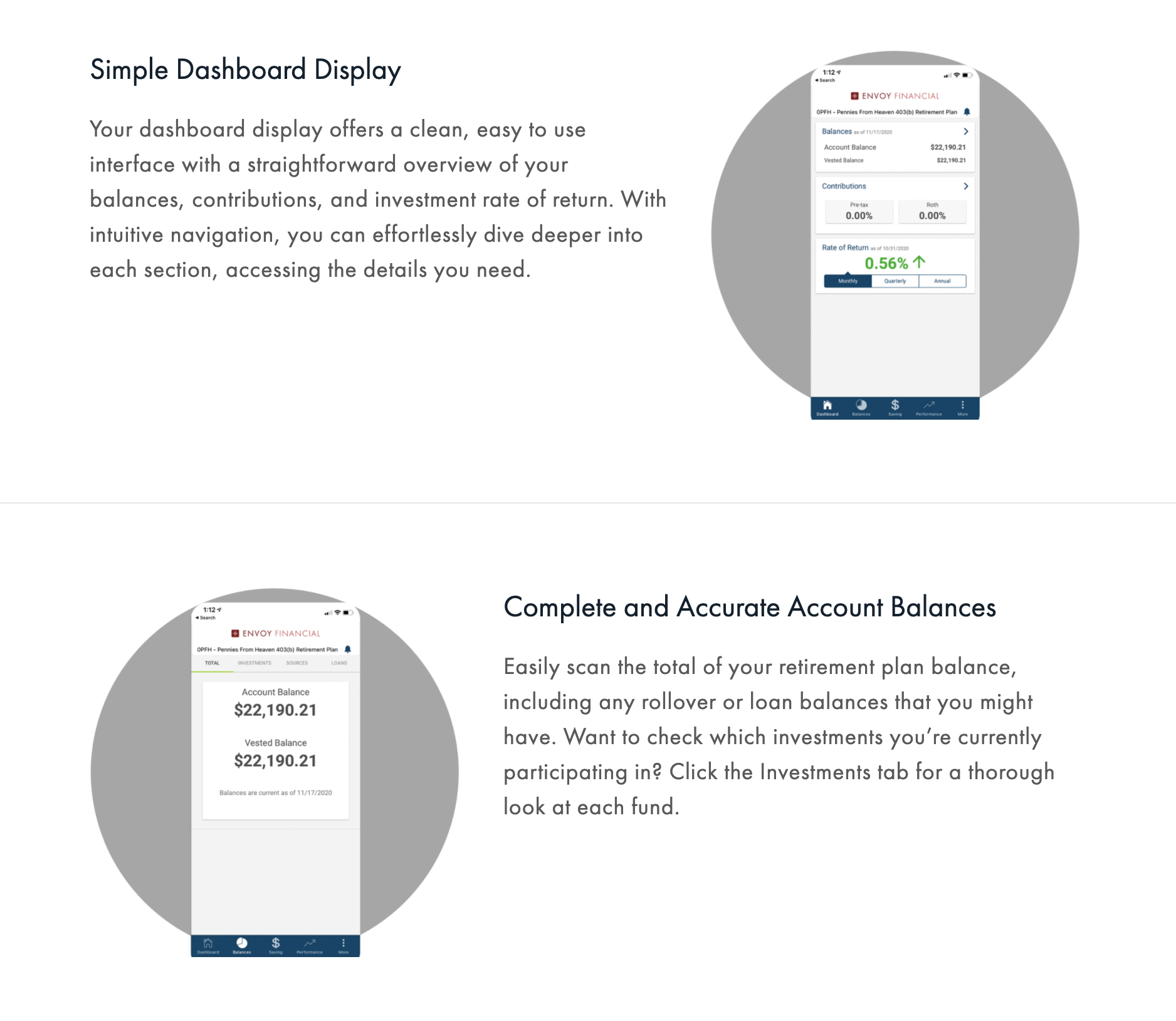 Screenshots of a financial mobile app showing account balances, contributions, and rate of return, with descriptions of features for easy account management.