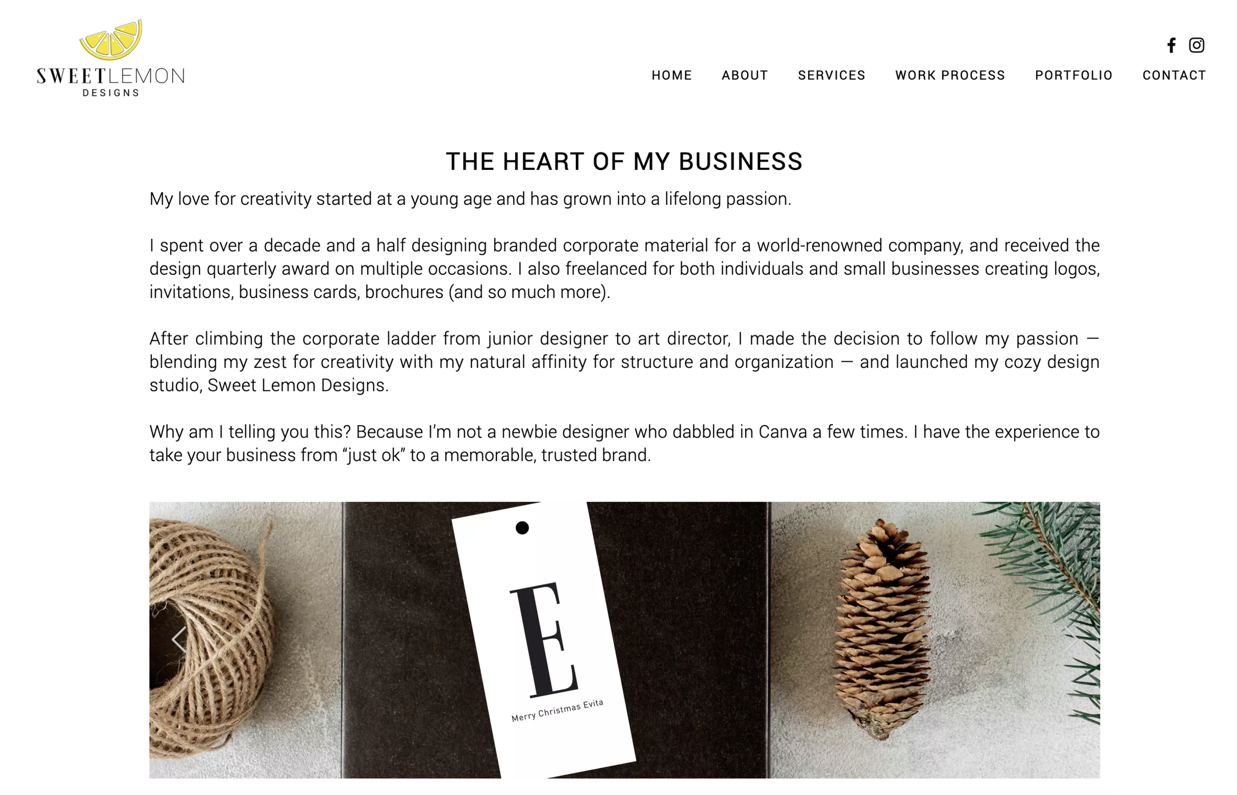 Photo of a flat lay with a spool of twine, a black gift box with a white tag reading 'E Merry Christmas Evita,' a pinecone, and green pine branches on a light surface.