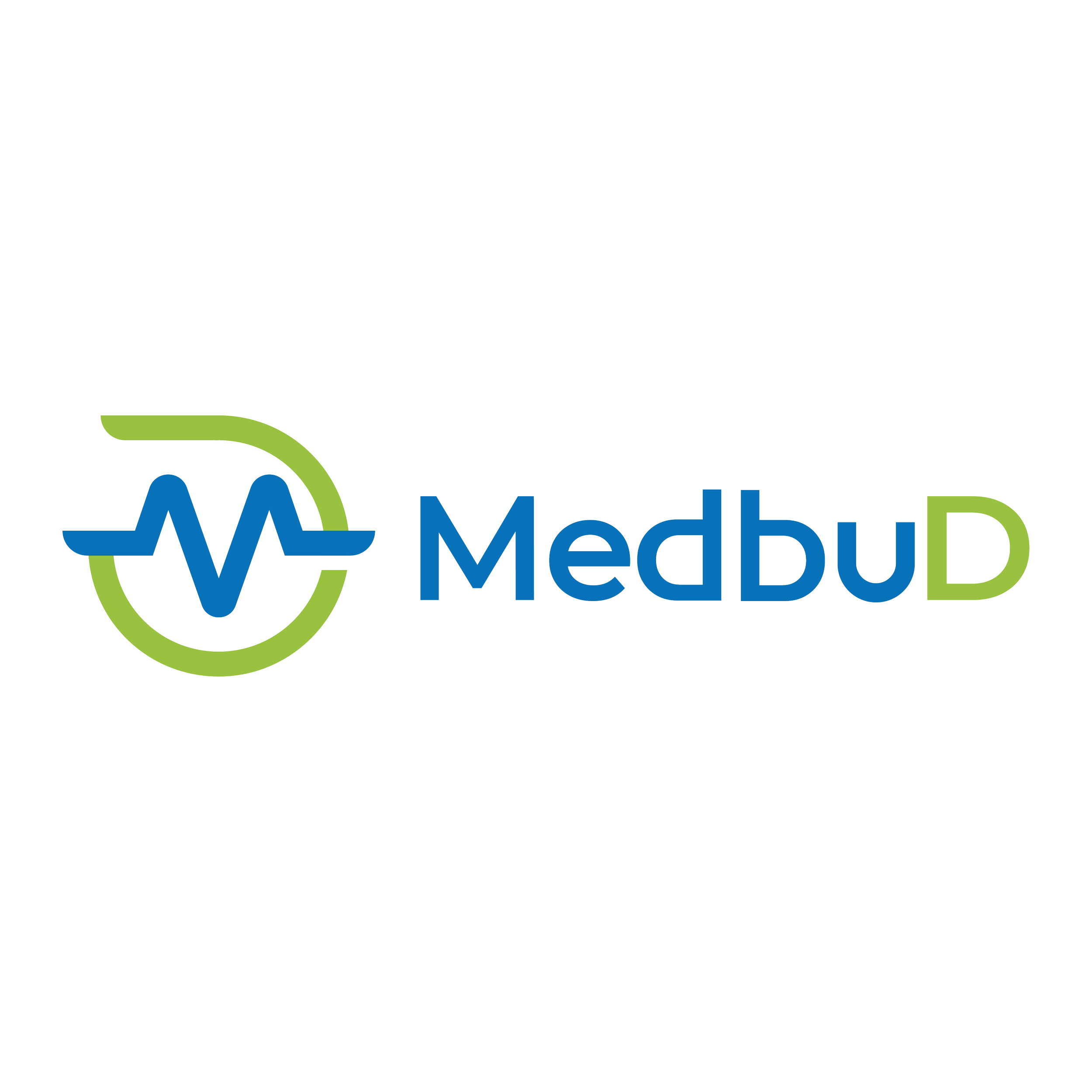MedBuD logo with a blue medical heartbeat line inside a green flask outline.