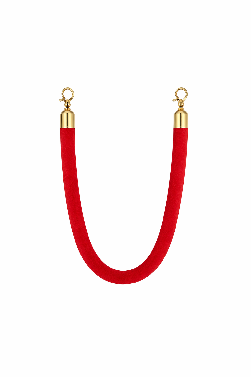 Red velvet stanchion rope with polished gold hooks on both ends, displayed in a U-shape on a clean white background—ideal for red carpet events, crowd control, and upscale venue entrances.