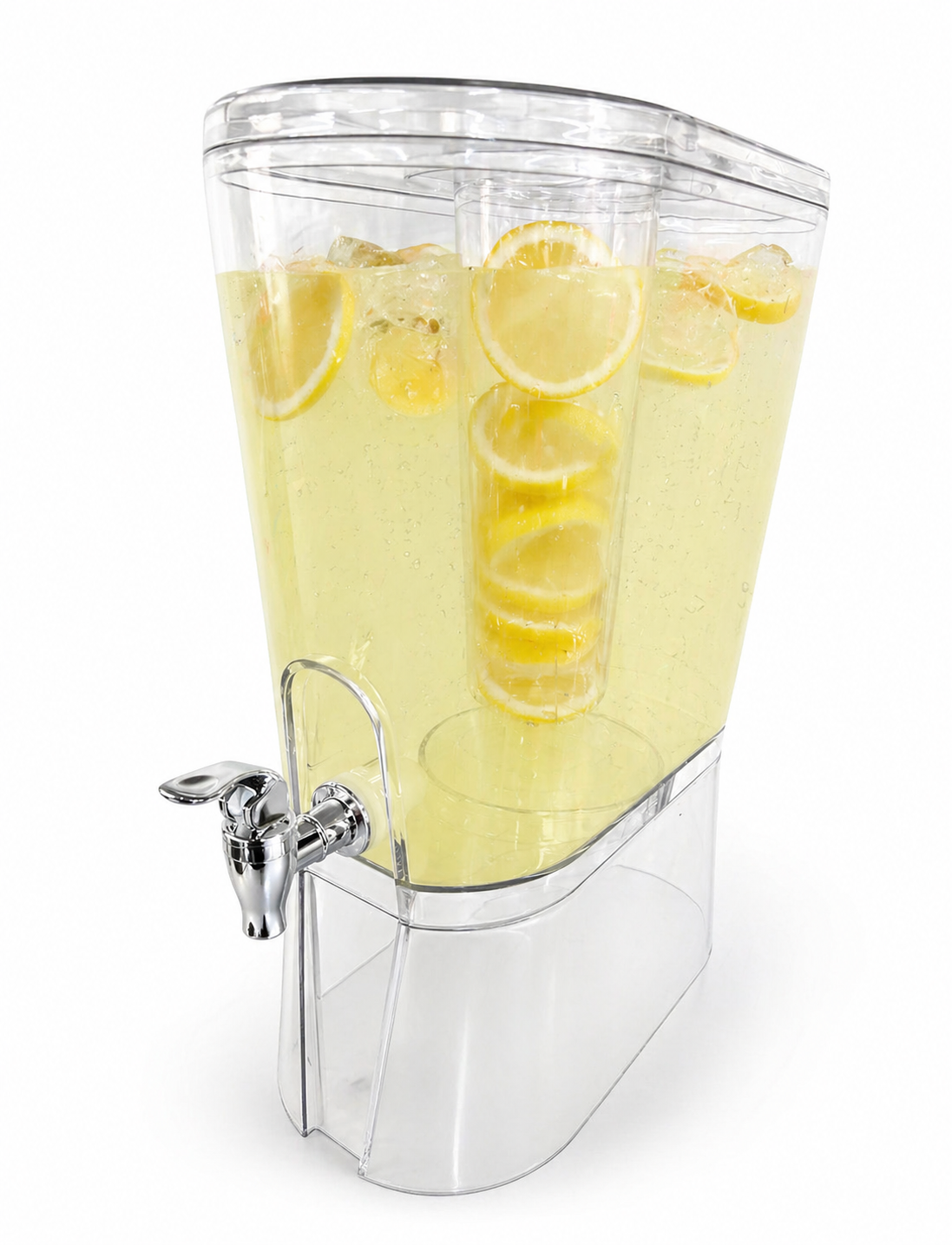 Two clear beverage dispensers filled with lemonade, each with a spigot, placed side by side with lemon slices, ice cubes, and a glass of iced tea on a clean white background.