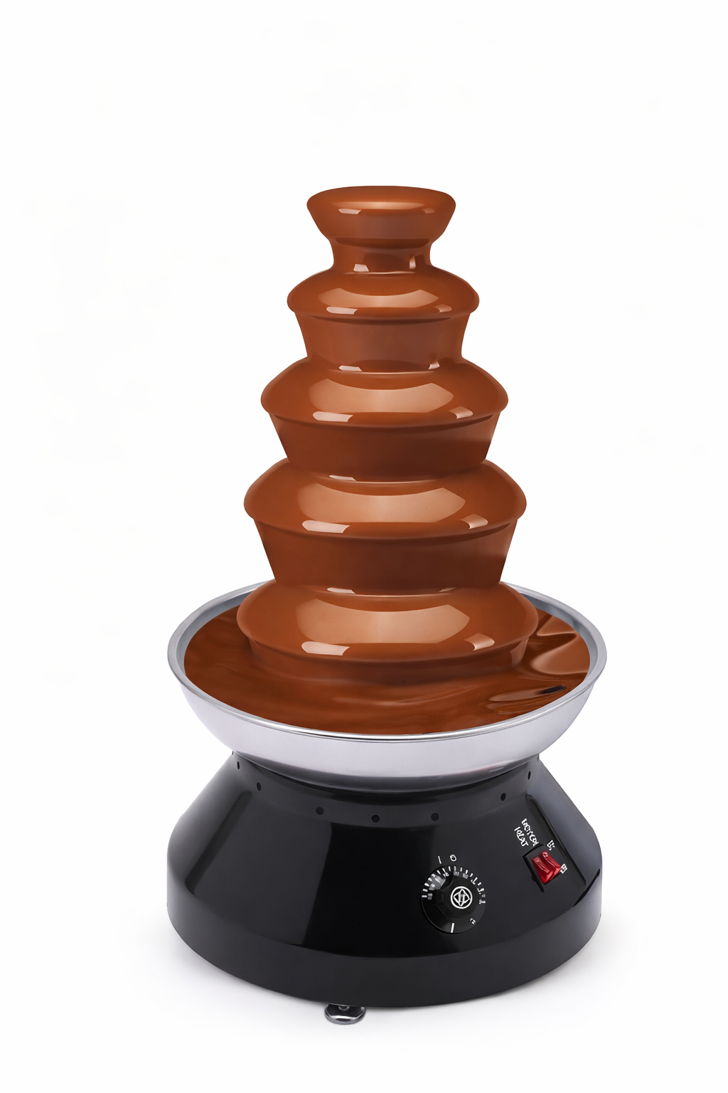Chocolate fountain with multiple tiers of flowing melted chocolate on a black base, isolated on a clean white background in a portrait-style product photo.