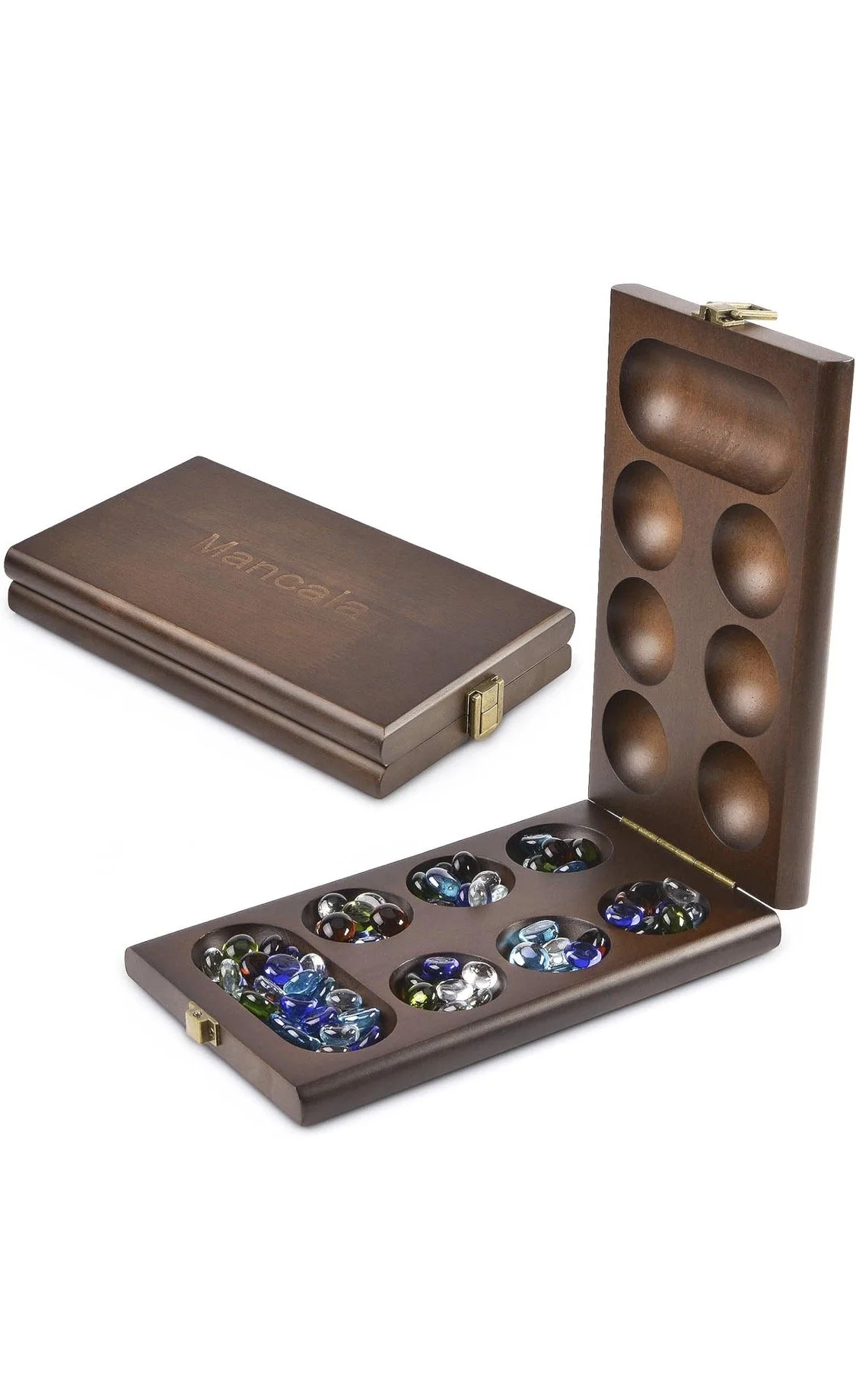 Wooden Mancala board game set with glass stones and folding storage case