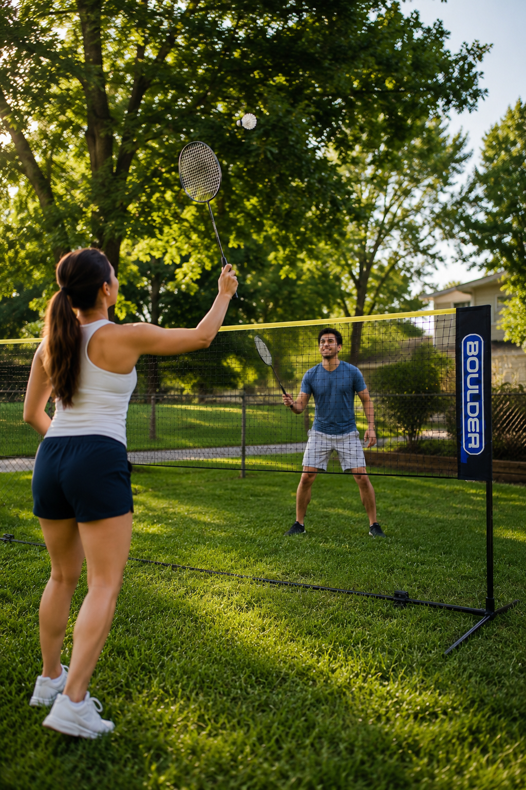 Two people playing badminton on a portable Boulder badminton net in a sunny backyard with green grass and trees.