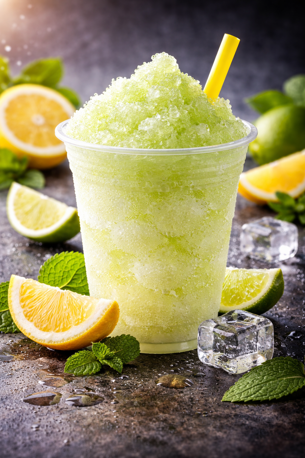 Lemon lime slushy in a clear plastic cup, filled with light green crushed ice and a yellow straw, surrounded by fresh lemon and lime wedges, mint leaves, and ice cubes on a dark, moody background.
