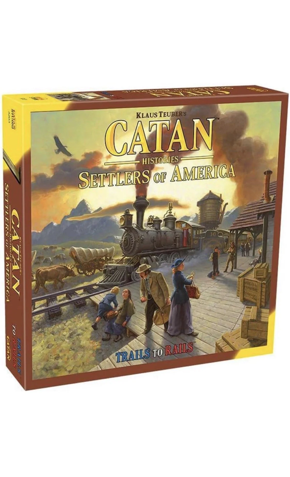 Catan Settlers of America Trails to Rails board game box featuring a train and frontier scene