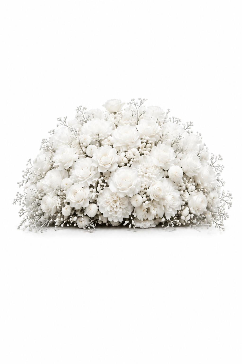 All-white arrangement: Rounded monochromatic arrangement of white roses, dahlias, pom-pom flowers, and delicate berry-like accents on a white background.