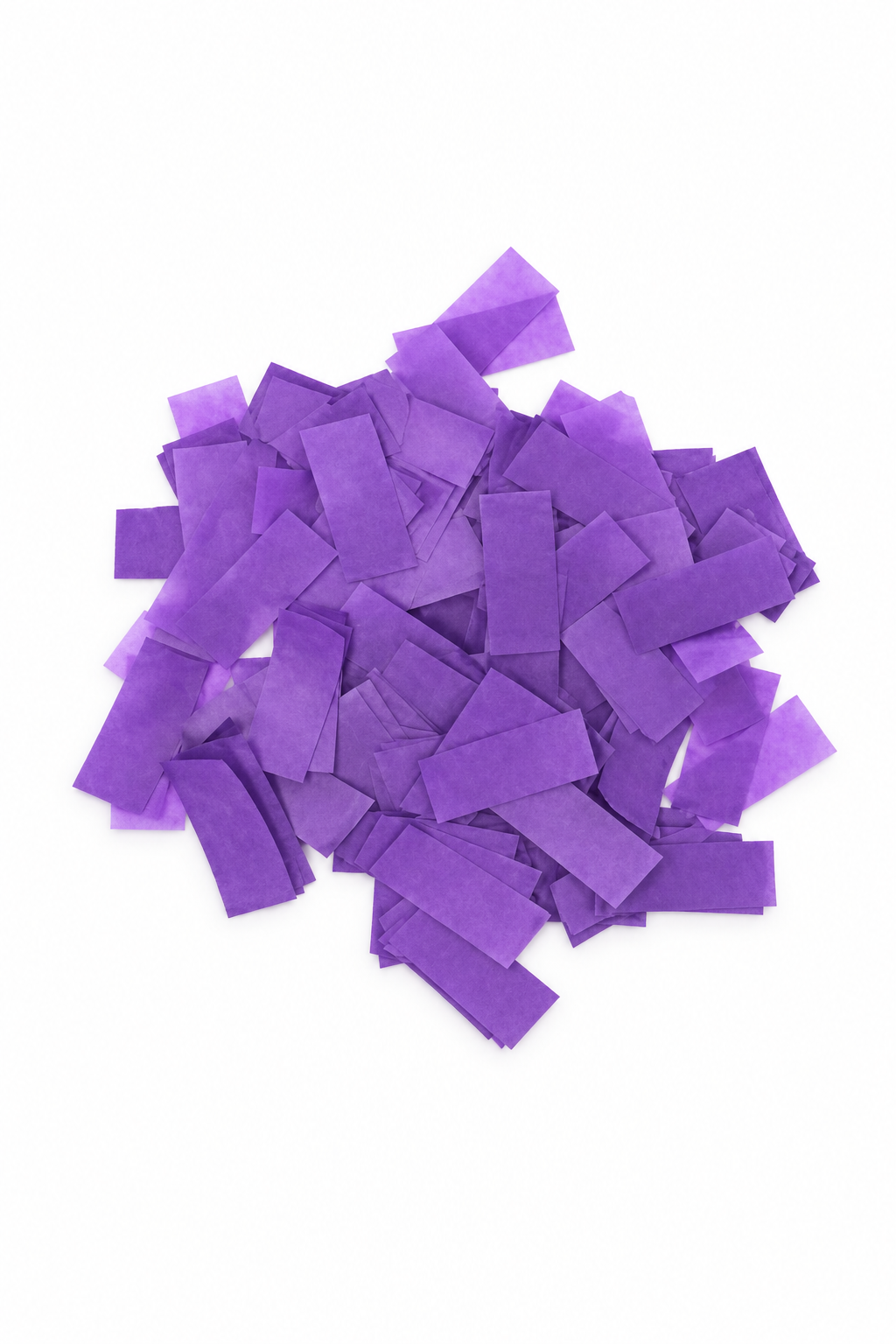 Purple rectangular tissue paper confetti pieces for confetti machine rentals and event celebrations.