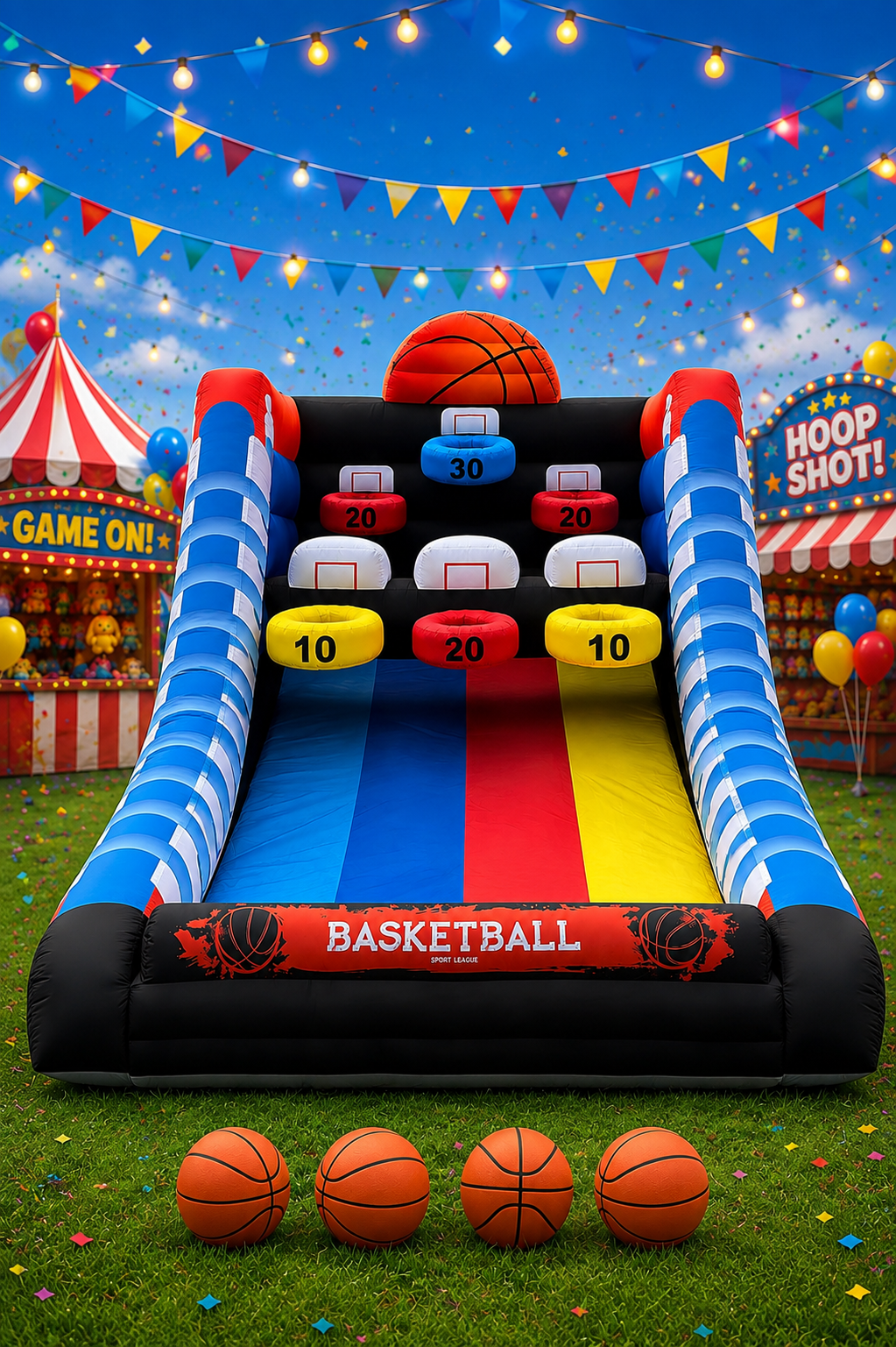 Colorful inflatable basketball challenge game featuring multiple scoring hoops with 10, 20, and 30-point targets, bright carnival-inspired colors, four basketballs, and a fun interactive design available for parties, school events