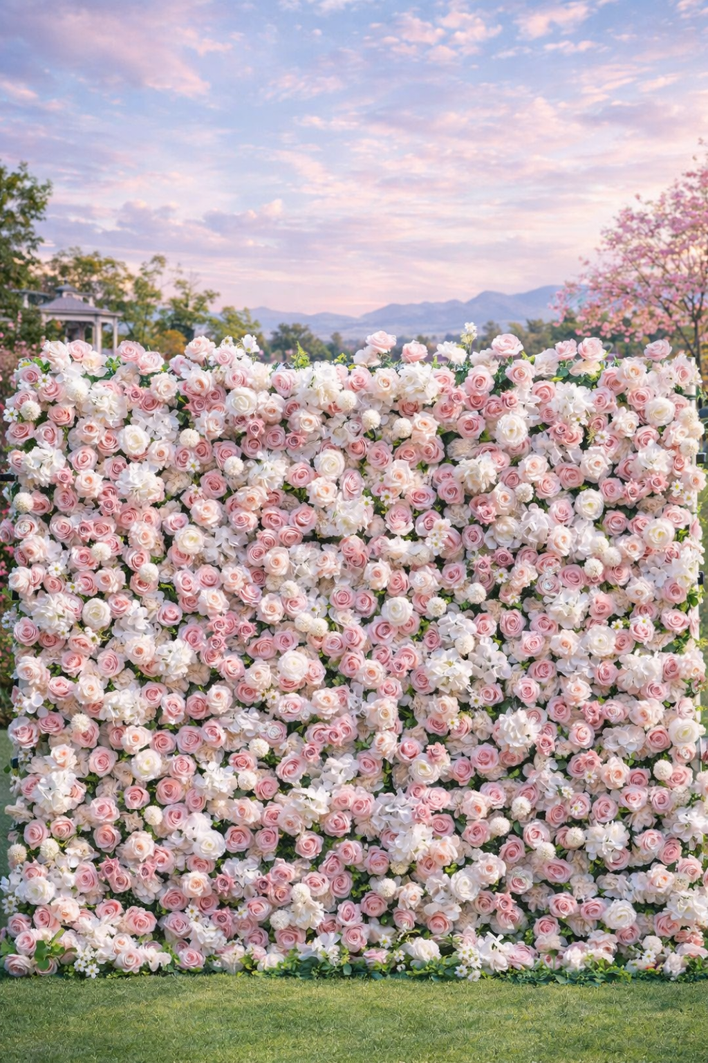 Blush pink and white rose flower wall backdrop set outdoors on a grassy lawn, with soft sunset sky, trees, and distant mountains in the background — perfect for weddings or photo booths.