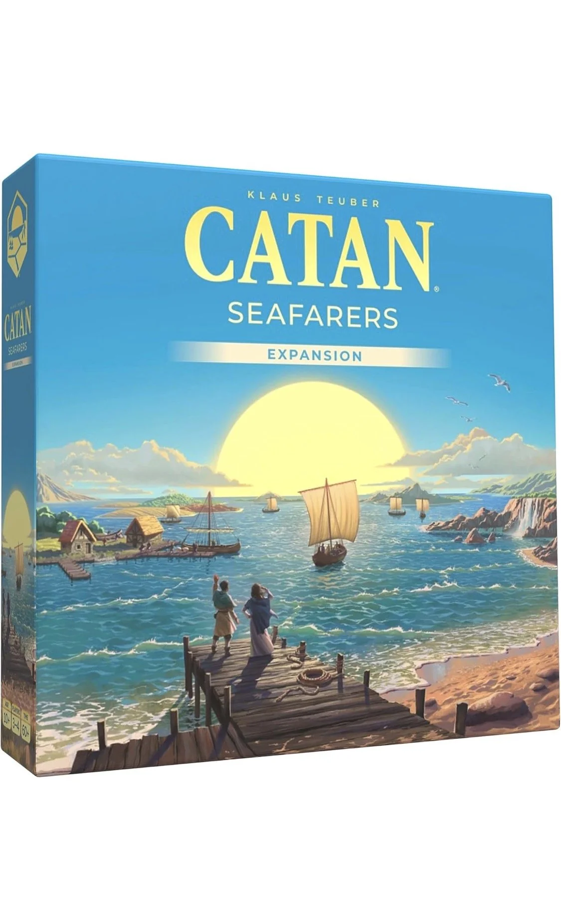 Catan Seafarers expansion board game with ocean sailing theme and sunset artwork