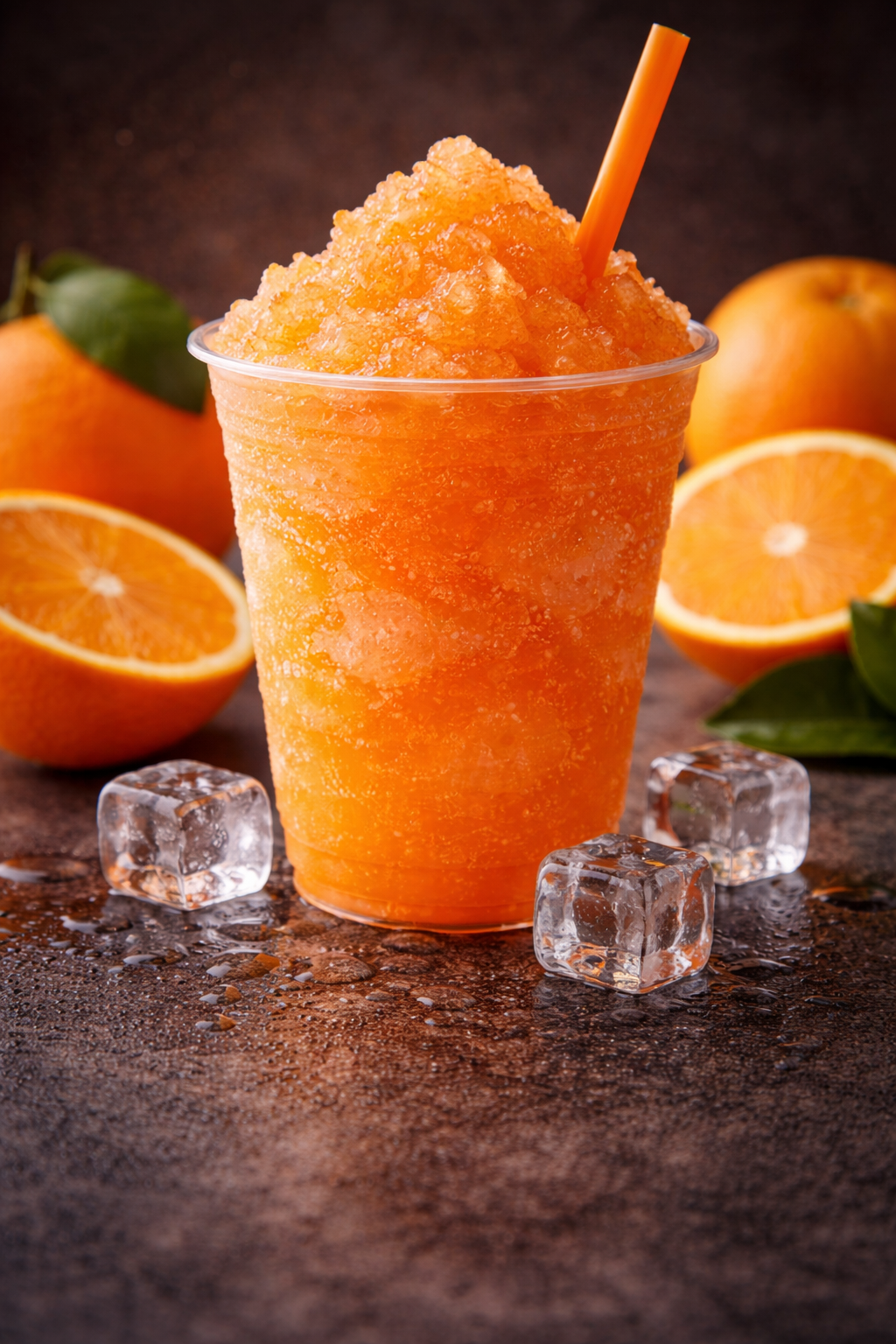 Bright orange slushy in a clear plastic cup filled with crushed ice, topped with an orange straw, surrounded by fresh oranges and ice cubes on a dark surface in a portrait-style image.