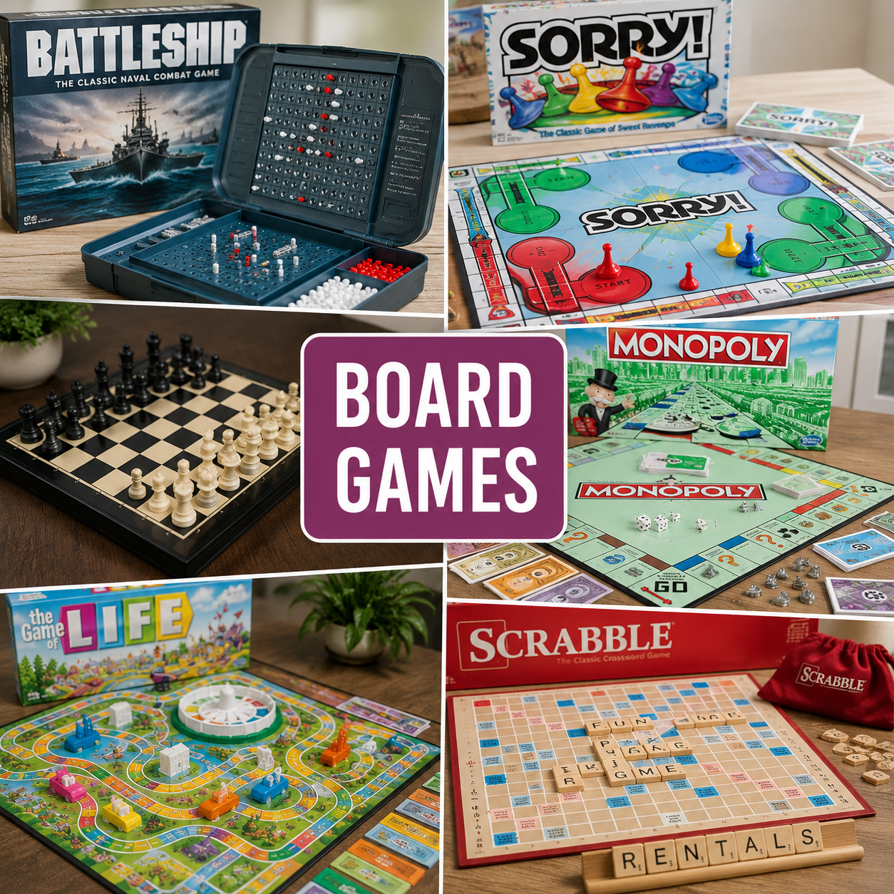 Collage of classic board games including Battleship, Sorry!, Chess, Monopoly, The Game of Life, and Scrabble, featuring colorful game boards, playing pieces, cards, dice, and letter tiles arranged for family game night fun.