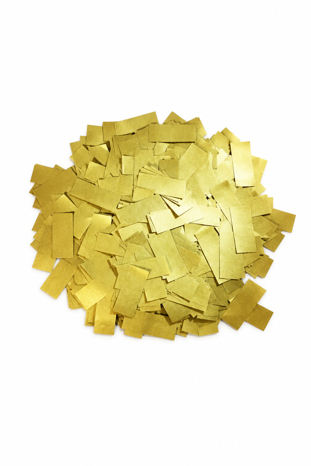 Gold rectangular tissue paper confetti pieces for confetti machine rentals and event celebrations.