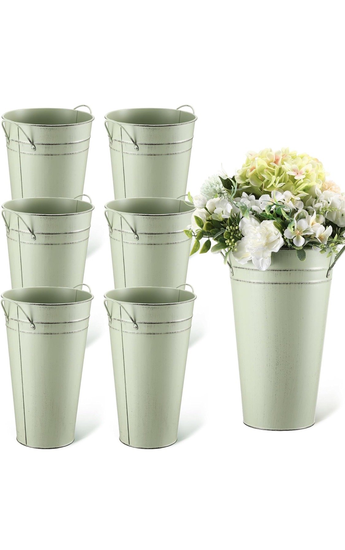 Set of sage green galvanized metal flower buckets with handles, perfect for floral arrangements, wedding decor, flower bars, and event centerpieces.