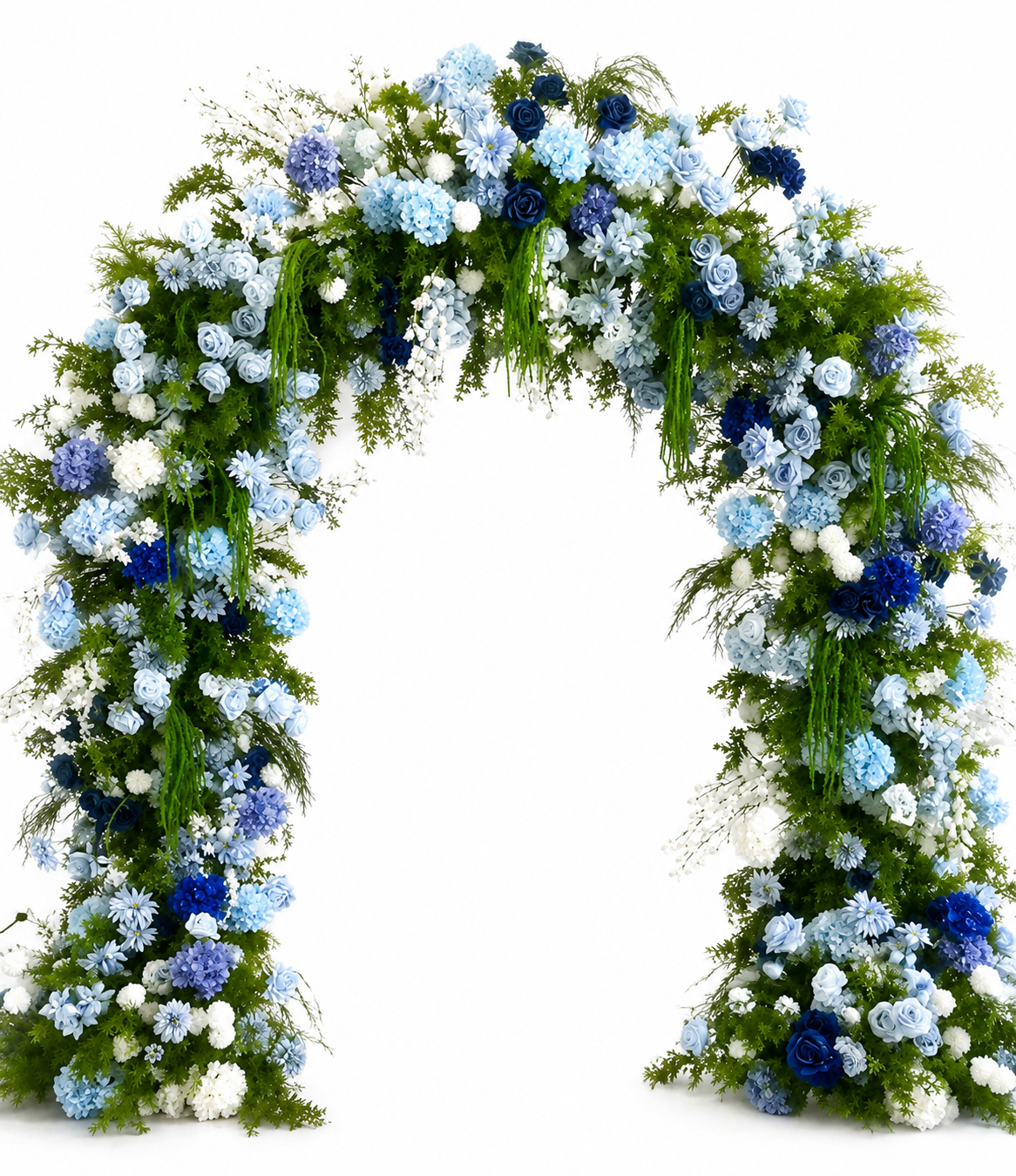 Blue floral wedding arch featuring blue roses, hydrangeas, daisies, white flowers, and lush greenery.