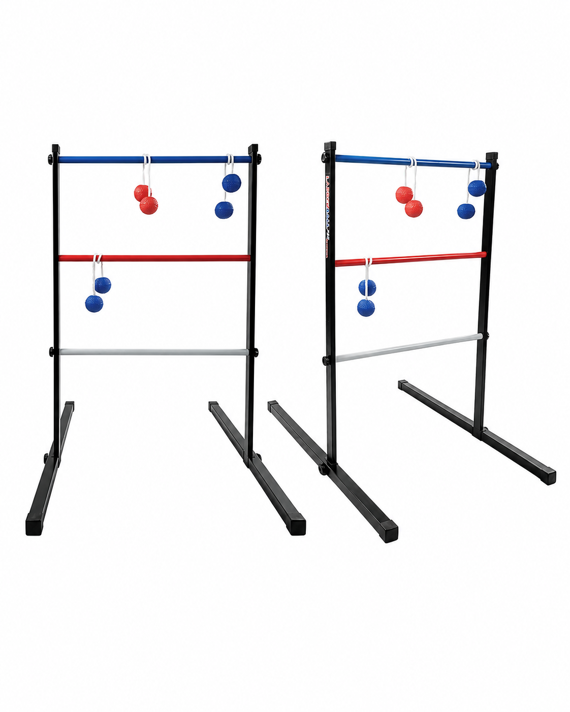 Two black ladder toss game targets with red, blue, and silveTwo black ladder toss game targets with red, blue, and silver scoring bars and colorful bolas.r scoring bars and colorful bolas.