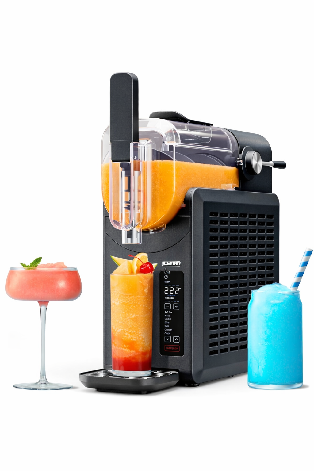 ICEMAN countertop slushy machine with a clear container of orange slushy, dispensing into a tall glass, surrounded by colorful drinks including pink and blue slushies on a clean white background.
