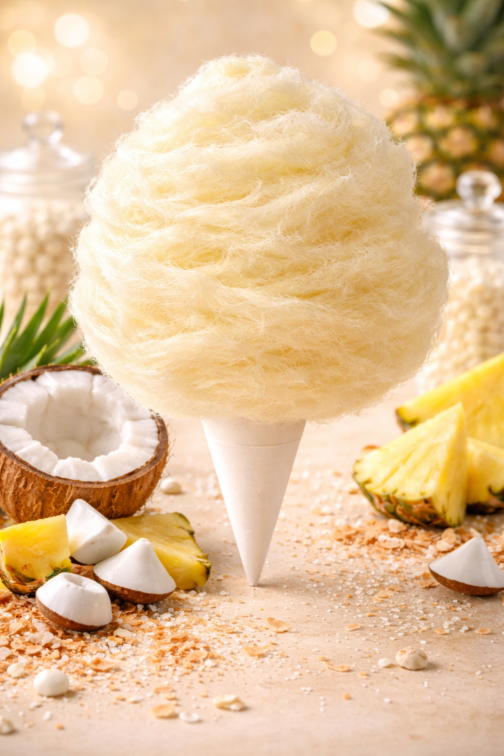 Pina colada cotton candy on a cone with pineapple and coconut pieces, tropical themed dessert setup